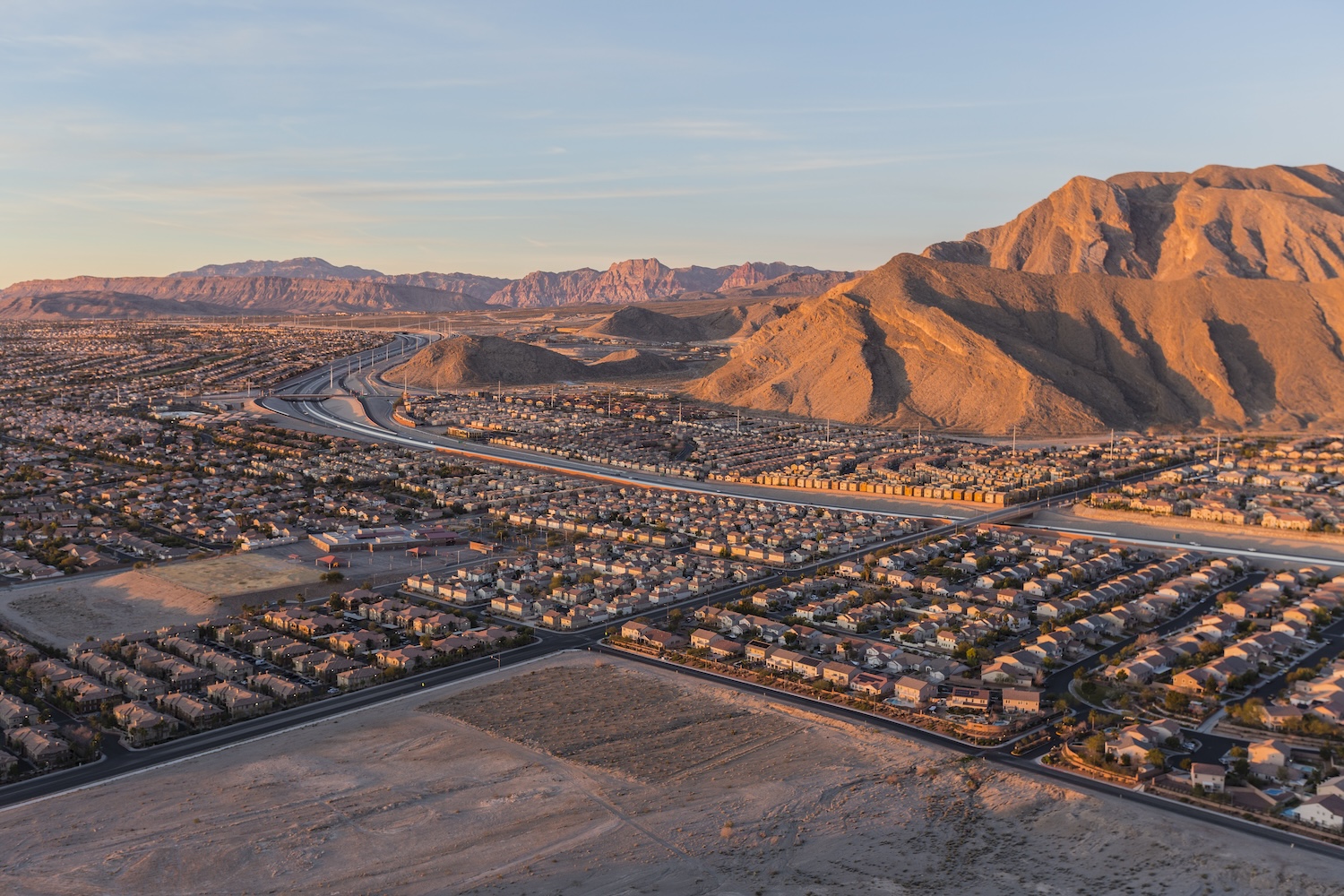 Early morning view of new neighborhoods near the mountains in California