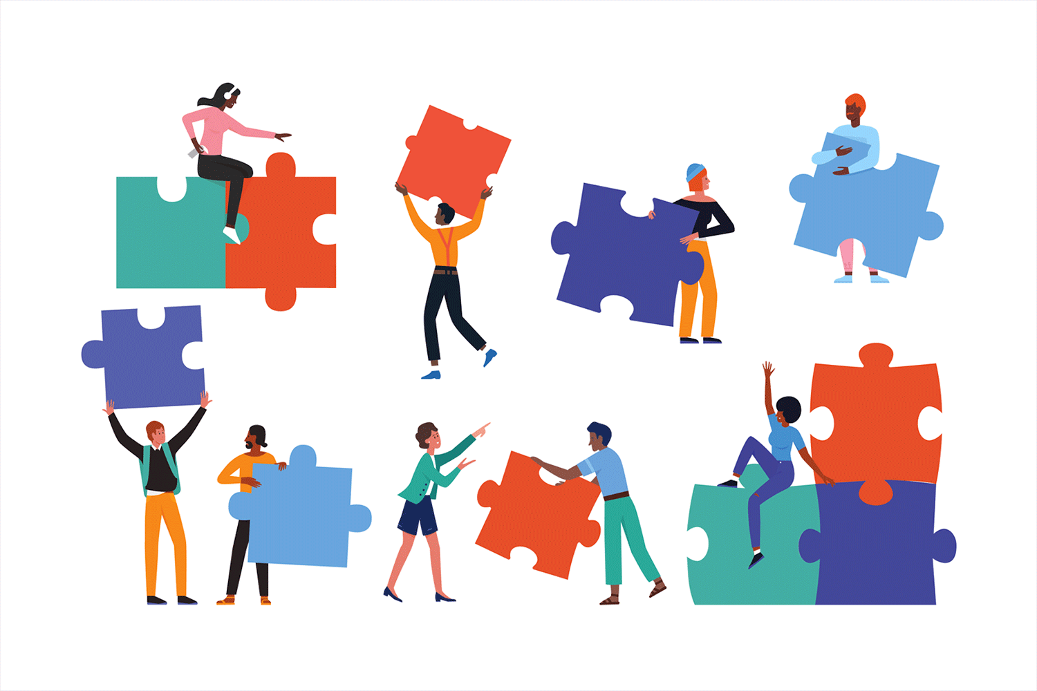 Various people holding puzzle pieces